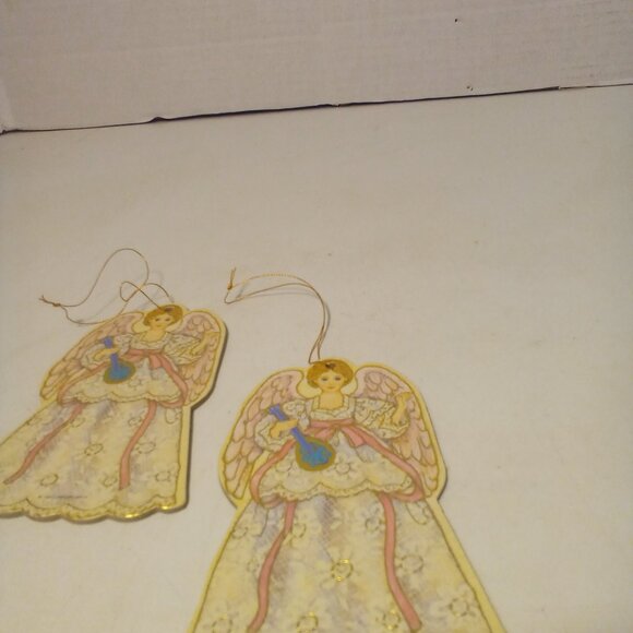 Angel Christmas Ornament 2 Die Cut Cardboard Vintage 1991 Gibson 4.5" Gold Pink - Picture 3 of 9